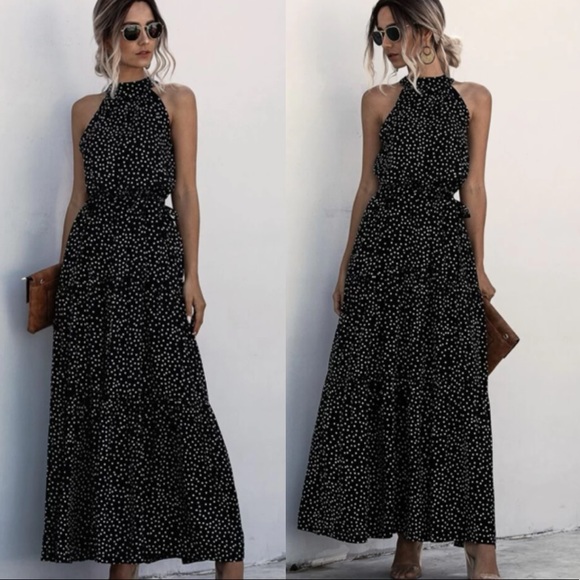 Boho polka dot halter belted maxi dress - Picture 7 of 9